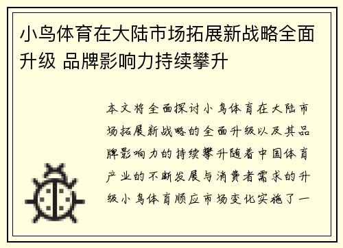 小鸟体育在大陆市场拓展新战略全面升级 品牌影响力持续攀升